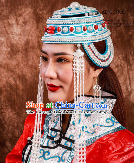 China Mongolian Nationality Bride Headband Mongol Nationality Folk Dance Hair Accessories Handmade Ethnic Woman Beads Tassel Blue Hat