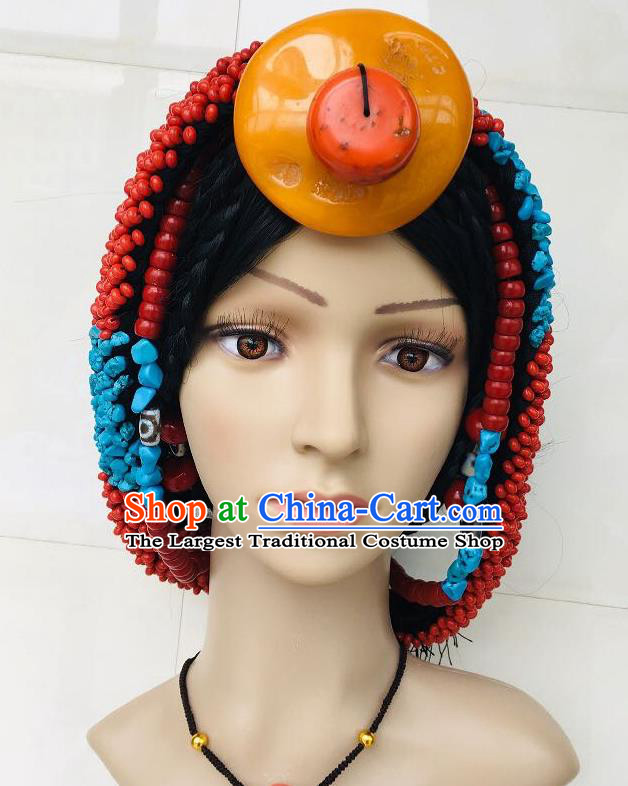 China Tibetan Minority Wedding Braids Hairpieces Xizang Ethnic Bride Beeswax Headdress Zang Nationality Folk Dance Hair Accessories