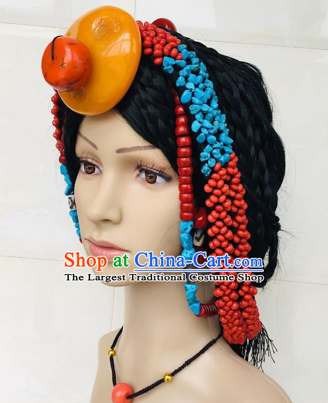 China Tibetan Minority Wedding Braids Hairpieces Xizang Ethnic Bride Beeswax Headdress Zang Nationality Folk Dance Hair Accessories