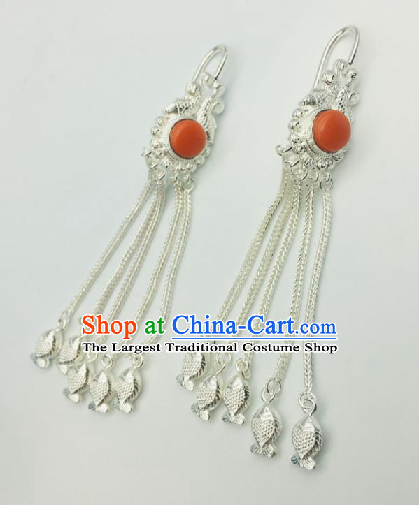 Chinese Traditional Tibetan Nationality Silver Tassel Earrings Zang Minority Festival Ear Jewelry Classical Dance Ear Accessories