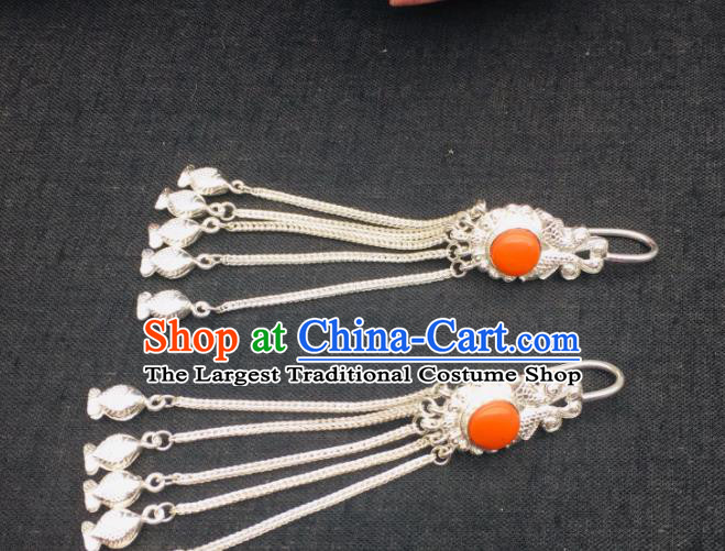 Chinese Traditional Tibetan Nationality Silver Tassel Earrings Zang Minority Festival Ear Jewelry Classical Dance Ear Accessories