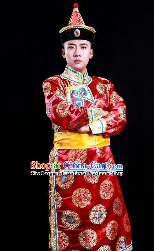 Chinese Traditional Red Brocade Mongolian Robe Mongol Minority Male Apparels Ethnic Festival Dance Clothing