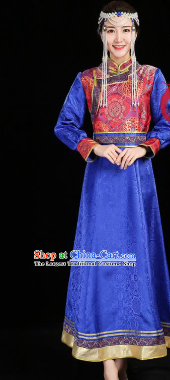 China Mongolian Nationality Woman Informal Costume Ethnic Performance Royalblue Dress Mongol Minority Compere Fashion Folk Dance Clothing