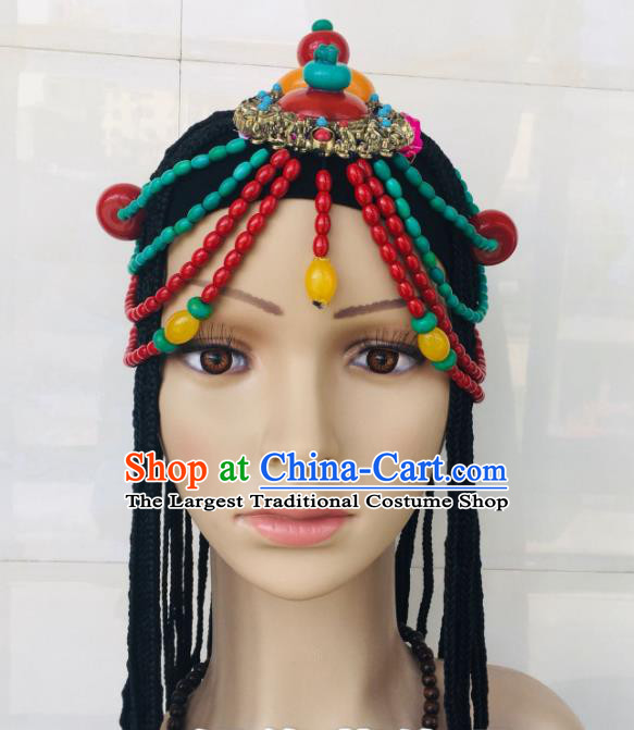 China Zang Nationality Folk Dance Hair Accessories Tibetan Minority Wedding Braids Hairpieces Xizang Ethnic Festival Headdress