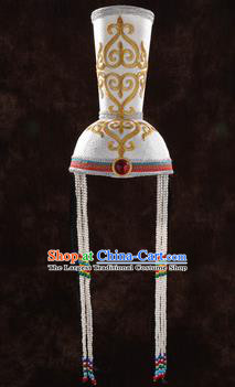 China Handmade Ethnic Bride White Hat Mongolian Nationality Folk Dance Headwear Mongol Nationality Festival Performance Hair Accessories