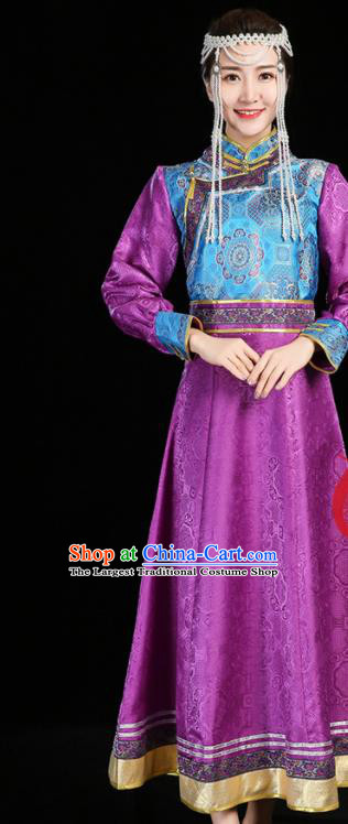 China Ethnic Purple Brocade Dress Mongol Minority Woman Dance Fashion Stage Performance Clothing Mongolian Nationality Informal Costume