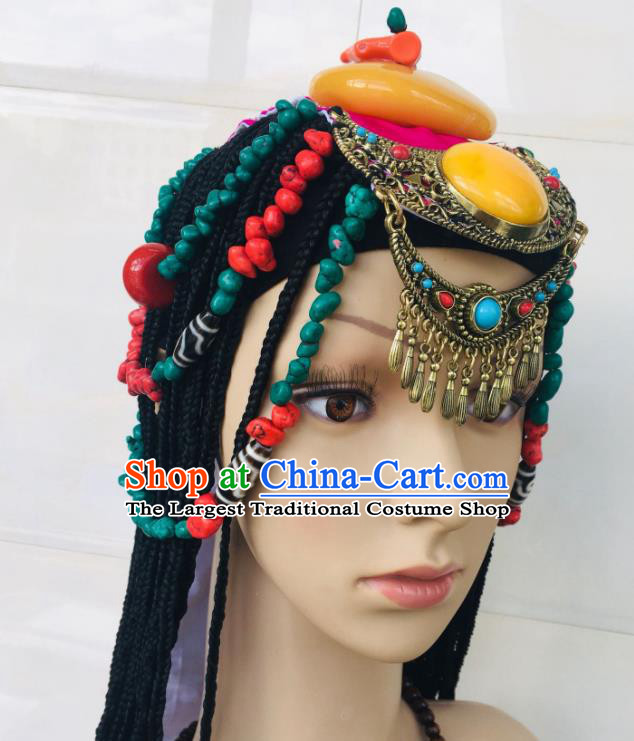 China Xizang Ethnic Festival Beeswax Headdress Zang Nationality Folk Dance Hair Accessories Tibetan Minority Wedding Braids Hairpieces