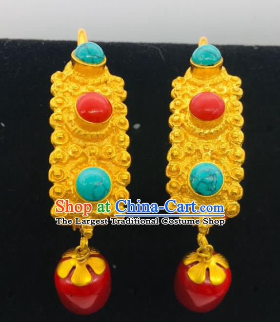 Chinese Classical Dance Golden Ear Accessories Traditional Tibetan Nationality Earrings Zang Minority Festival Ear Jewelry