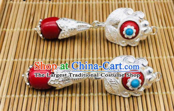 Chinese Classical Dance Silver Ear Accessories Traditional Tibetan Nationality Festival Earrings Zang Minority Wedding Bride Ear Jewelry