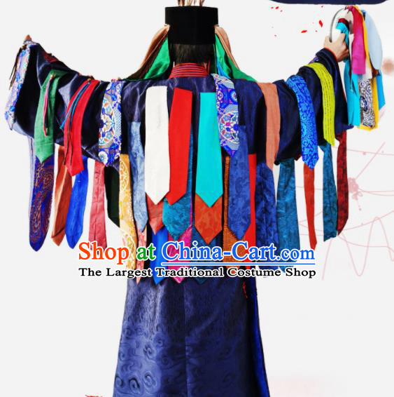 Chinese Mongol Minority Ceremony Performance Apparels Mongolian Ethnic Religious Rites Clothing Traditional Cosplay Shaman Wizard Navy Robe and Headdress