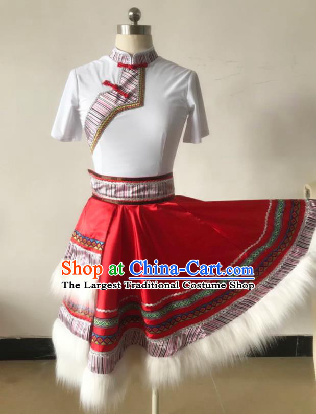Chinese Zang Minority Children Folk Dance Clothing Ethnic Girl Dance Costumes Tibetan Nationality Stage Performance Dress Outfits