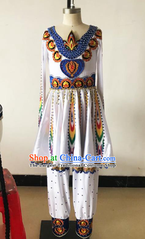 Chinese Xinjiang Ethnic Girl Dance Costumes Uyghur Nationality Stage Performance White Dress Outfits Uighur Minority Folk Dance Clothing
