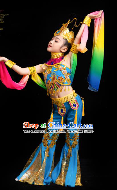 China Children Flying Apsaras Dance Blue Outfits Girl Performance Clothing Classical Dance Garment Costumes Fairy Dance Dress