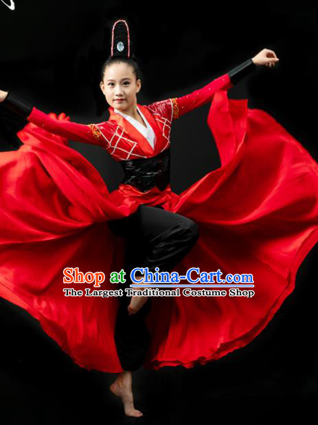 China Girl Kung Fu Performance Clothing Folk Dance Garment Costumes Drum Dance Red Dress Children Swords Dance Outfits