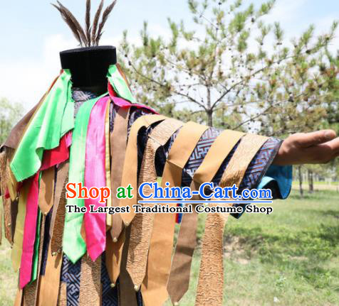Chinese Traditional Shaman Wizard Navy Robe Mongol Minority Religious Rites Apparels Ethnic Fiesta Ceremonial Clothing and Headwear