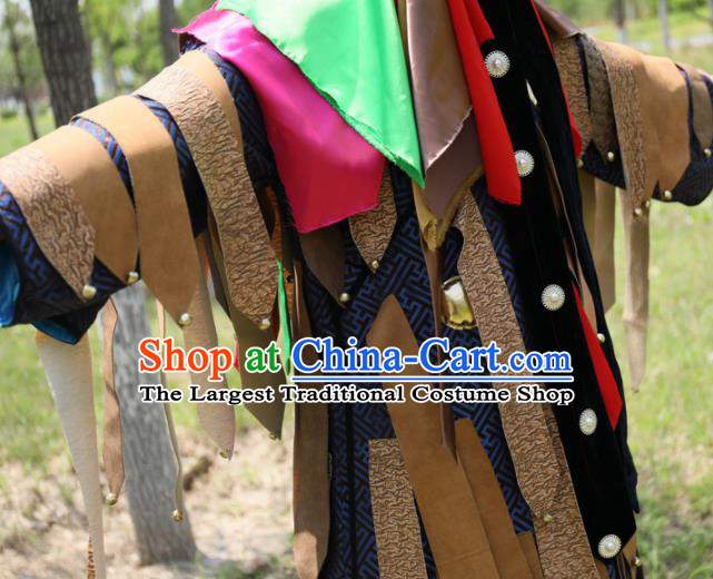 Chinese Traditional Shaman Wizard Navy Robe Mongol Minority Religious Rites Apparels Ethnic Fiesta Ceremonial Clothing and Headwear