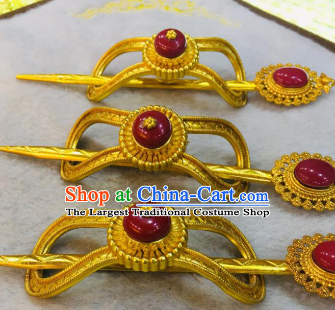 China Zang Nationality Dance Hair Accessories Tibetan Minority Bride Golden Hair Crown Xizang Ethnic Festival Performance Headpieces