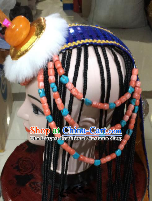 China Tibetan Minority Bride Headdress Xizang Ethnic Festival Performance Braid Headpieces Zang Nationality Dance Hair Accessories