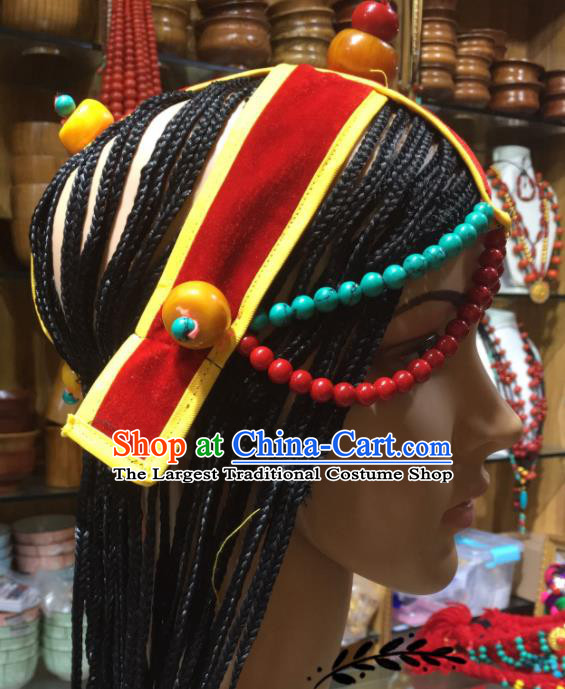 China Zang Nationality Folk Dance Hair Accessories Tibetan Minority Bride Headdress Xizang Ethnic Festival Performance Braid Headpieces