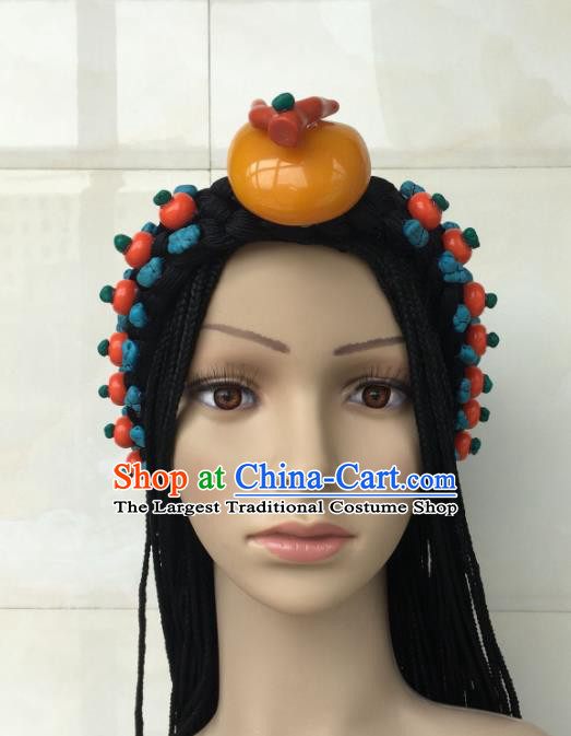 China Zang Nationality Folk Dance Hair Accessories Tibetan Minority Performance Hairpieces Xizang Ethnic Wedding Bride Headdress