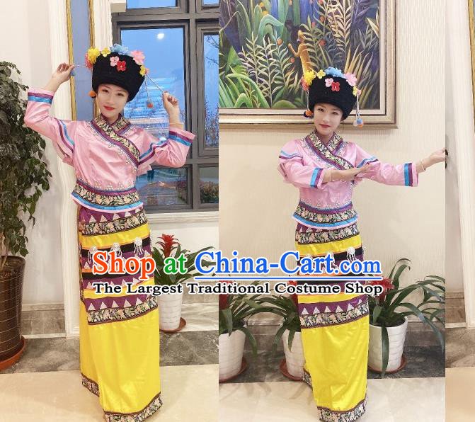 Chinese Wa Minority Woman Garment Costumes Yunnan Ethnic Folk Dance Clothing Traditional Va Nationality Festival Dress Outfits