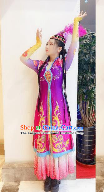 Chinese Traditional Uyghur Nationality Festival Purple Dress Outfits Uighur Minority Woman Garment Costumes Xinjiang Ethnic Folk Dance Clothing