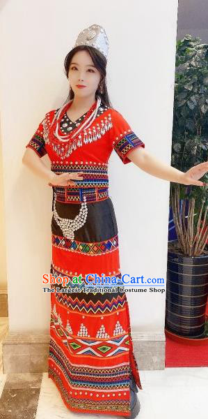 Chinese Wa Minority Woman Garment Costumes Yunnan Ethnic Folk Dance Clothing Traditional Va Nationality Bride Red Dress Outfits