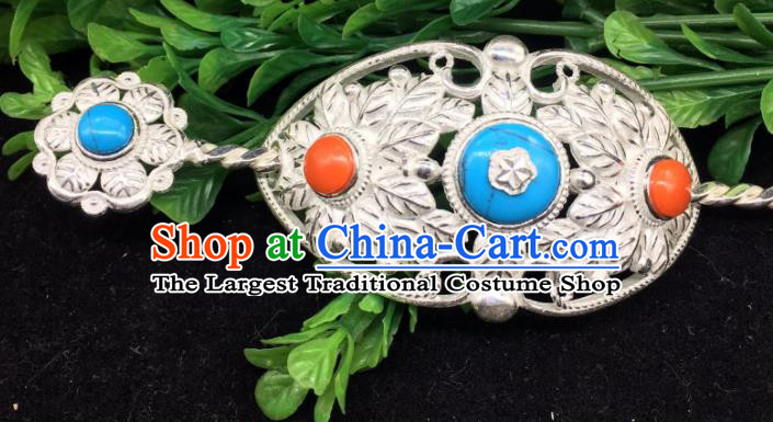 China Tibetan Minority Headpieces Xizang Ethnic Festival Performance Silver Hairdo Crown and Hairpin Zang Nationality Folk Dance Hair Accessories