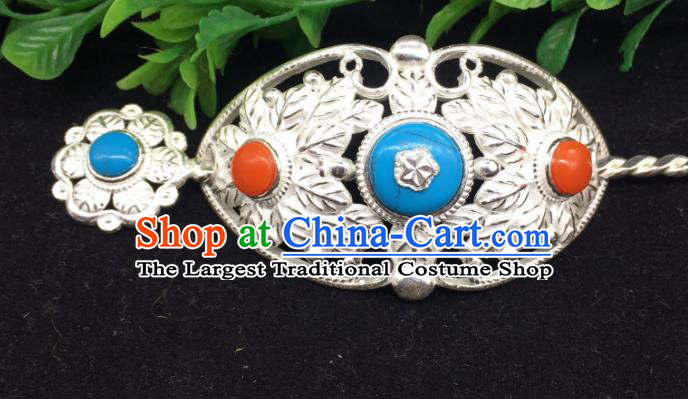 China Tibetan Minority Headpieces Xizang Ethnic Festival Performance Silver Hairdo Crown and Hairpin Zang Nationality Folk Dance Hair Accessories