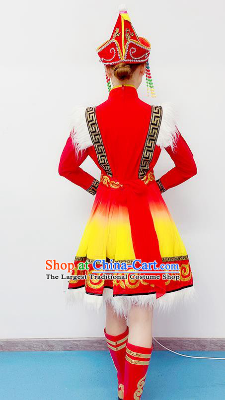Chinese Mongolian Minority Woman Garment Costumes Ethnic Folk Dance Clothing Traditional Mongol Nationality Performance Red Dress Outfits