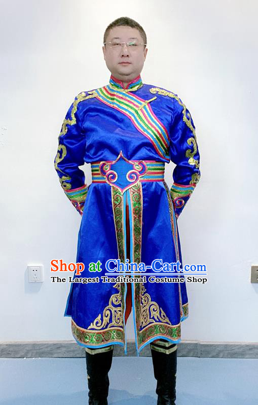 Chinese Ethnic Male Folk Dance Clothing Traditional Mongolian Nationality Performance Royalblue Outfits Mongol Minority Festival Garment Costumes