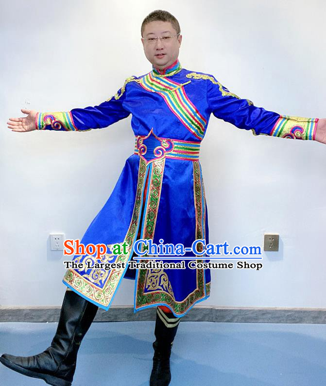 Chinese Ethnic Male Folk Dance Clothing Traditional Mongolian Nationality Performance Royalblue Outfits Mongol Minority Festival Garment Costumes