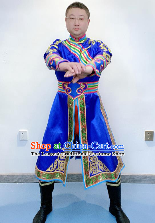 Chinese Ethnic Male Folk Dance Clothing Traditional Mongolian Nationality Performance Royalblue Outfits Mongol Minority Festival Garment Costumes