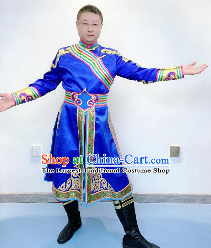 Chinese Ethnic Male Folk Dance Clothing Traditional Mongolian Nationality Performance Royalblue Outfits Mongol Minority Festival Garment Costumes