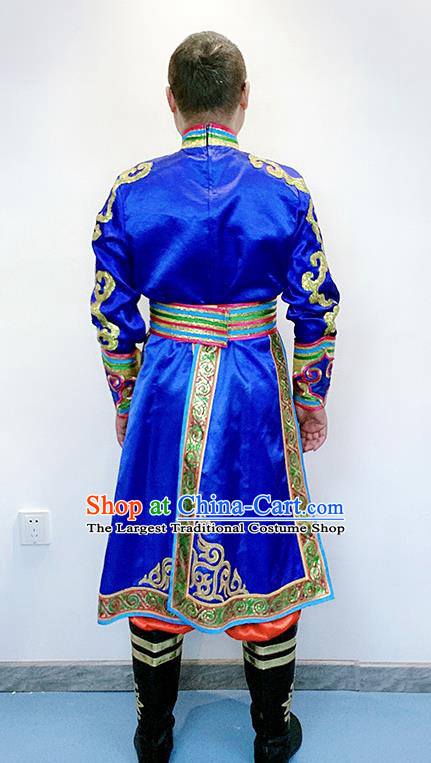 Chinese Ethnic Male Folk Dance Clothing Traditional Mongolian Nationality Performance Royalblue Outfits Mongol Minority Festival Garment Costumes