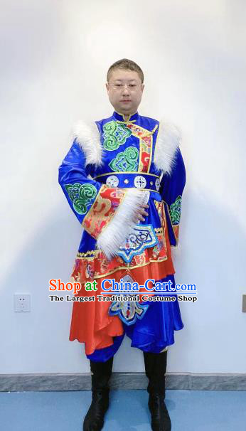 Chinese Traditional Zang Nationality Performance Royalblue Outfits Tibetan Minority Male Festival Garment Costumes Xizang Ethnic Folk Dance Clothing