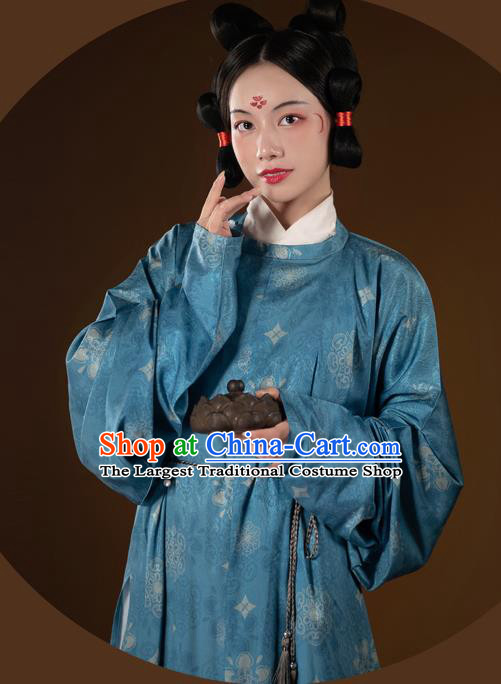 China Tang Dynasty Blue Round Collar Robe Ancient Hanfu Historical Clothing for Women for Men