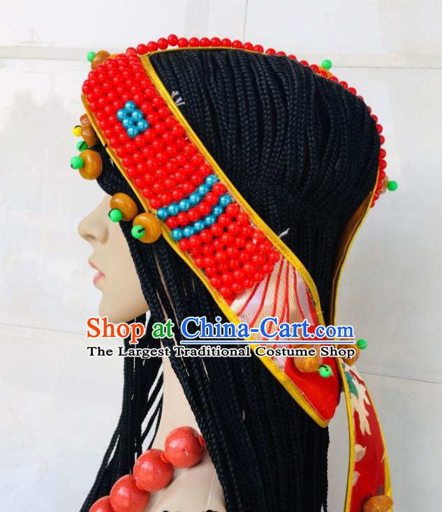 China Xizang Ethnic Wedding Bride Red Beads Headdress Zang Nationality Folk Dance Hair Accessories Tibetan Minority Performance Hairpieces