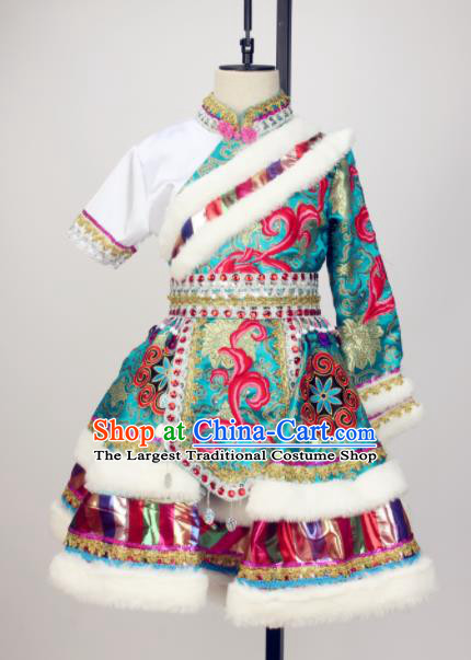 Chinese Zang Nationality Stage Performance Dress Outfits Tibetan Minority Children Dance Clothing Ethnic Girl Dance Costumes