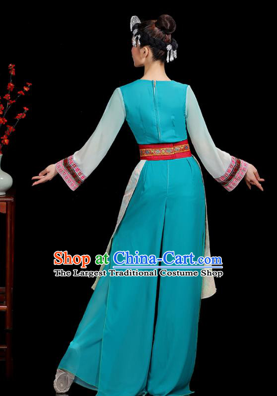 Chinese Yao Minority Country Woman Dance Clothing Ethnic Dance Costumes Yi Nationality Stage Performance Blue Outfits