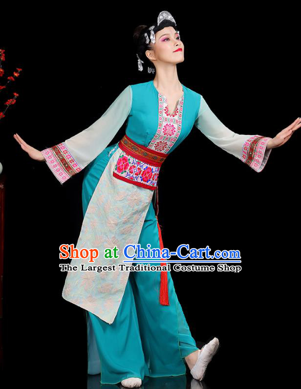 Chinese Yao Minority Country Woman Dance Clothing Ethnic Dance Costumes Yi Nationality Stage Performance Blue Outfits