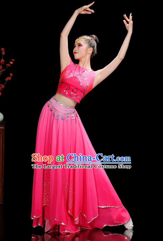 Chinese Uyghur Minority Dance Clothing Xinjiang Ethnic Female Dance Costumes Uighur Nationality Stage Performance Pink Dress Outfits