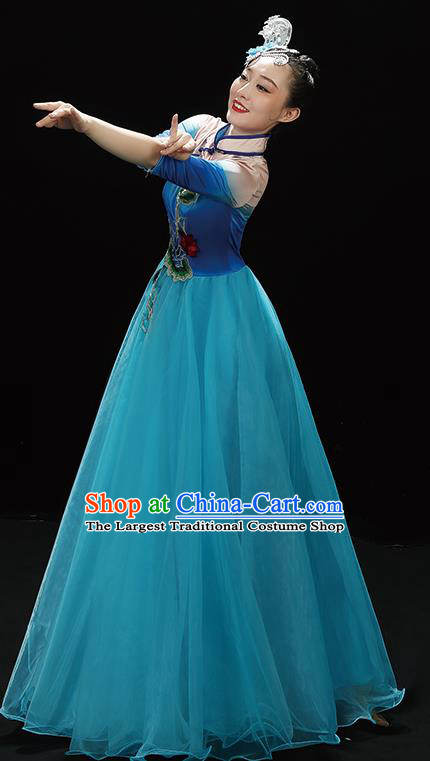 Professional China Spring Festival Gala Opening Dance Blue Dress Stage Performance Costume Women Chorus Garments Modern Dance Clothing