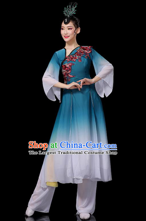 China Fan Dance Blue Outfits Woman Performance Clothing Classical Dance Garment Costumes Umbrella Dance Dress