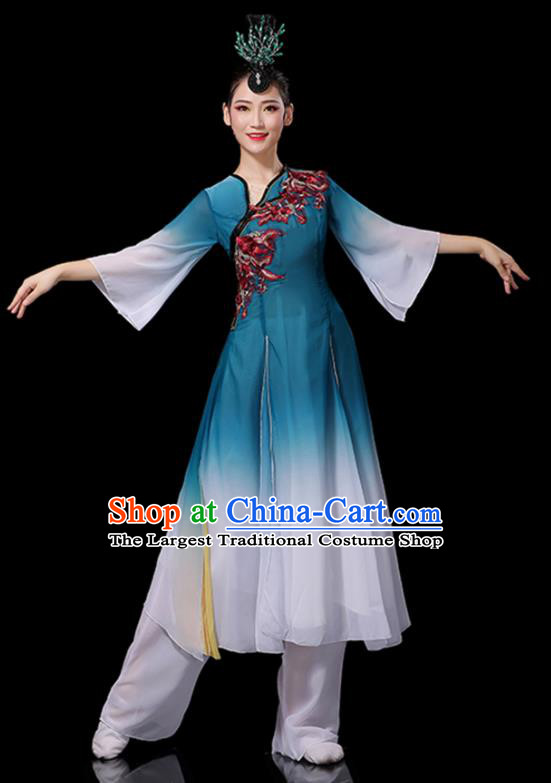 China Fan Dance Blue Outfits Woman Performance Clothing Classical Dance Garment Costumes Umbrella Dance Dress