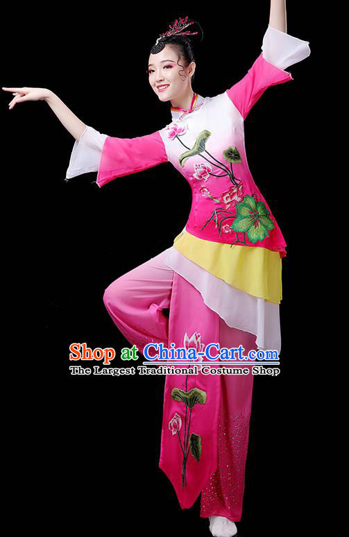 Chinese Folk Dance Costumes Traditional Lotus Dance Apparels Women Group Performance Clothing Yangko Dance Rosy Outfits