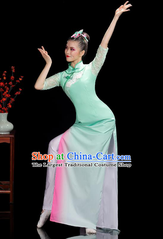 China Jasmine Flower Dance Outfits Woman Performance Clothing Classical Dance Garment Costumes Umbrella Dance Green Qipao Dress