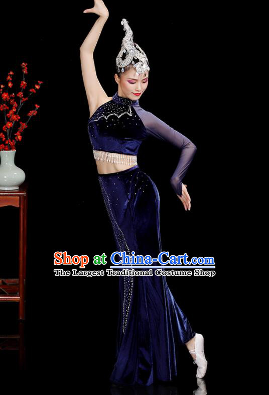 Chinese Dai Nationality Stage Performance Navy Velvet Dress Outfits Tai Minority Peacock Dance Clothing Yunnan Ethnic Female Dance Costumes