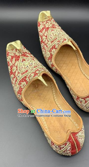 Handmade Indian Dance Red Leather Shoes Wedding Male Shoes India Folk Dance Shoes Asian Bridegroom Shoes