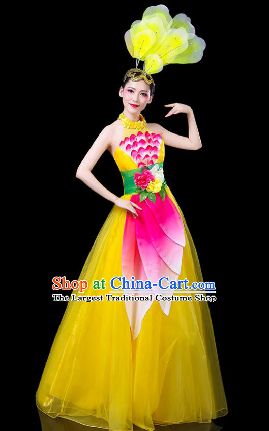 Professional China Modern Dance Clothing Spring Festival Gala Opening Dance Yellow Dress Women Peony Dance Costume Chorus Performance Garments